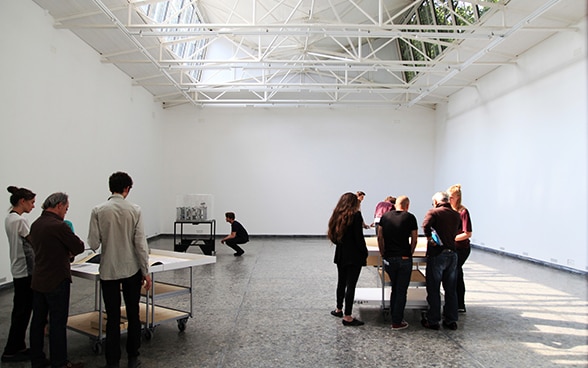 A studio with visitors at the Venice Biennale