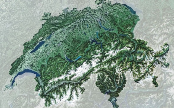 Mapa topográfico da Suíça. É possível identificar o Jura, o Planalto e os Alpes.