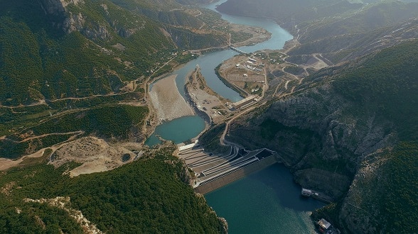 View of hydropower plant over lake Koman, North Albania