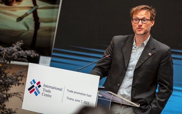 Deputy Head at Swiss Embassy Patrik Meier at the launching of the trade promotion programme. Tirana 07.06.2023