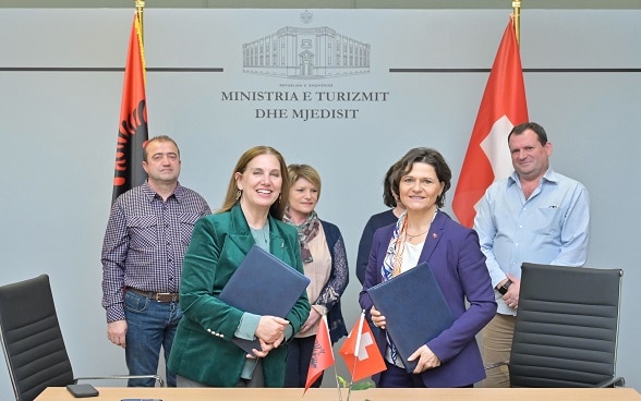 Albania's Minister of Tourism and Environment Mirela Kumbaro and Swiss Ambassador Ruth Huber after the signing of the memorandum on fire management. 