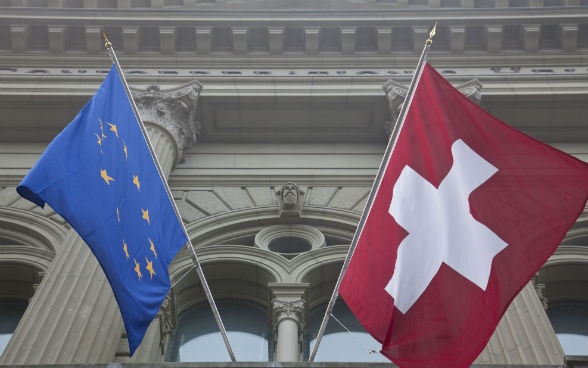 The Swiss and the EU-flag at the Parliament Building in Bern 