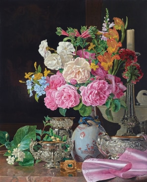 フェルディナント・ゲオルク・ヴァルトミュラー《磁器の花瓶の花、燭台、銀器》1839年
