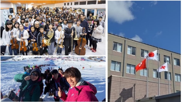 Upper left: Tohoku Youth Orchestra ©︎Ryuichi Maruo,  Lower left: SOK Support Our Kids homestay in Switzerland 2020 ©︎SOK, Right: Onagawa Medical Center at the inauguration ceremony in April 2012.
