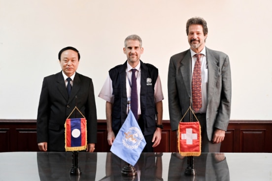 (L:R)Dr Bounfeng, Phooummalaysith, Vice-Minister of Health, Dr Howard Sobel, Acting WHO Representative to Lao PDR and Jean-François Cuénod, Mekong Region Director, SDC at the signing ceremony. 