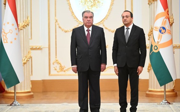 H.E. Ambassador Salman Bal (right) and H.E. Emomali Rahmon, the President of the Republic of Tajikistan