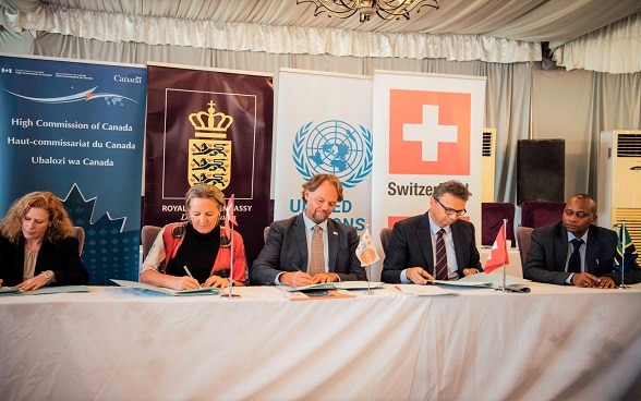 From L – R: Helen Fytche, Head of Cooperation, Canadian High Commission; Ambassador Mette Norgaard Dissing-Spandet, Denmark; Mark Bryan Schreiner, Country Director, UNFPA; Ambassador Didier Chassot, Switzerland; and Prof. Abel Makubi, Permanent Secretary, Ministry of Health