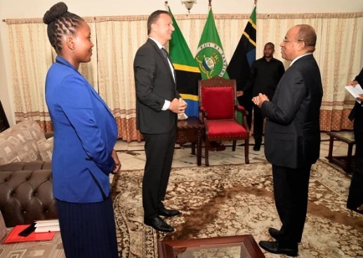 Ambassador Didier Chassot meets President Hussein Ali Mwinyi at State House in Zanzibar. Looking on is Ms. Esther Majani, Programme Officer - Health at the Embassy of Switzerland