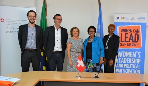 L to R - Head of Governance Domain, Luca Etter; Head of Cooperation, Leo Näscher; Ambassador Florence Tinguely Mattli; UN Women Representative Ms. Hodan Addou and WLPP Project Team Leader Ms. Erasmina Massawe.