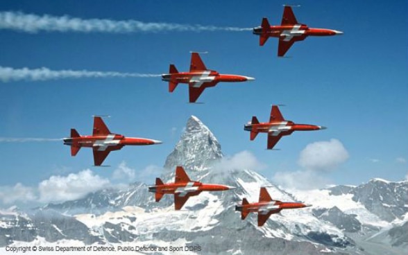 The six Tiger jets of the Patrouille Suisse flying in formation past the Matterhorn mountain