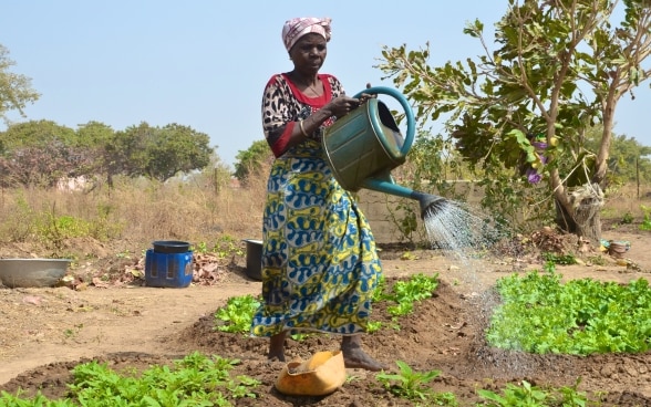 Beninerin giesst ihren Gemüsegarten