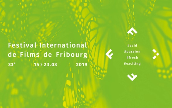 Poster advertising the 33rd Fribourg International Film Festival; white writing on a green background with a butterfly pattern.