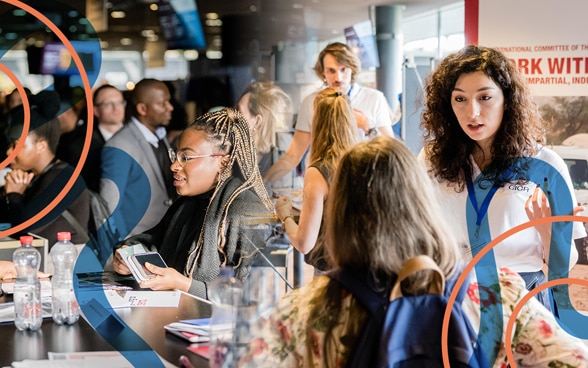 At a convention, young people are engaged in lively exchanges.