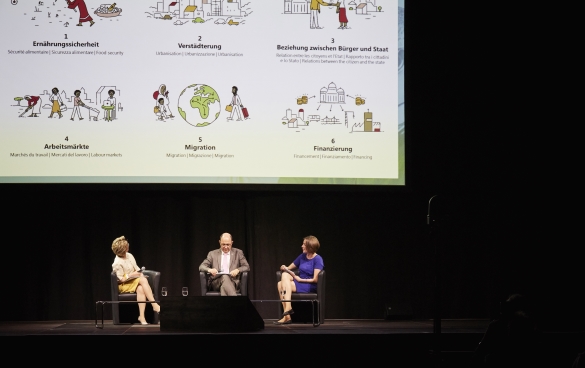Marie-Gabrielle Ineichen-Fleisch, Thomas Gass and Melanie Pfändler sitting on stage. In the background is a screen with a presentation of six images depicting the following themes: food security, urbanisation, relations between citizens and the state, job markets, migration and financing.