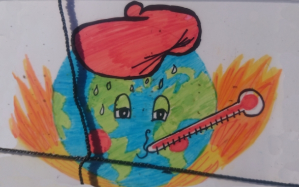 A child's drawing shows the earth with a fever. 