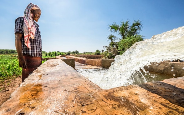 La photo montre un homme debout, en plein soleil, devant une canalisation d’eau.