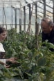 La imagen muestra a Medea y a su profesor examinando las verduras en el invernadero de la escuela de Senaki.