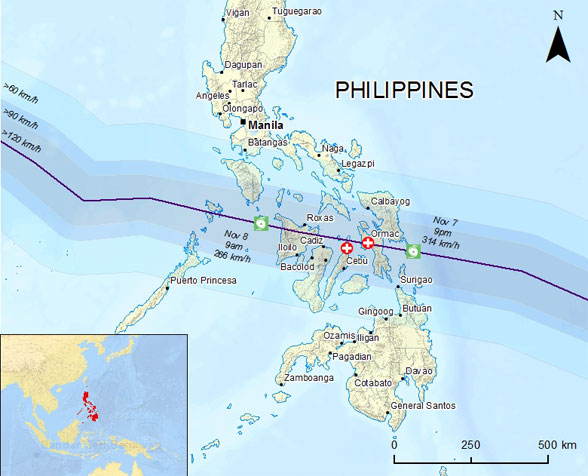 The path of Typhoon Haiyan.