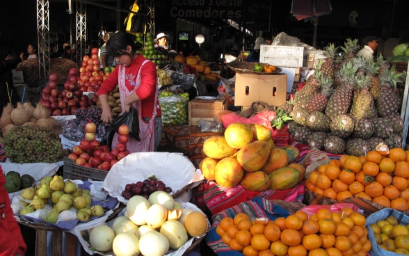 A woman stacking apples in a market with a rich selection of fruits and vegetables