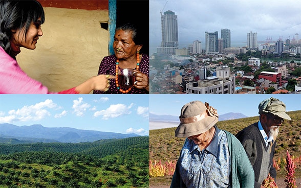 Dos mujeres de edad avanzada, un paisaje de colinas y una gran ciudad.