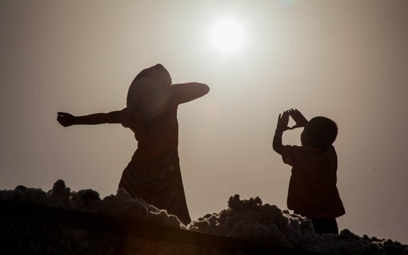 Two children on a cotton transport truck