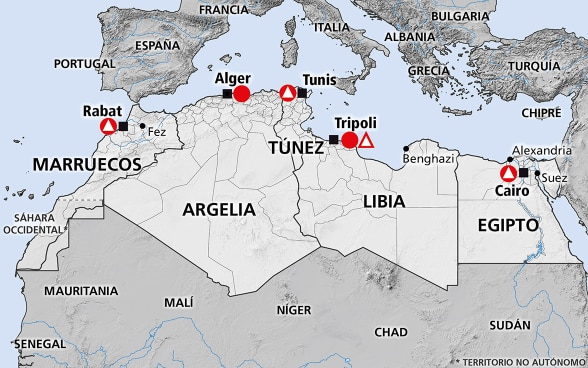 Mapa de la región África del Norte (Egipto, Túnez, Marruecos, Libia)