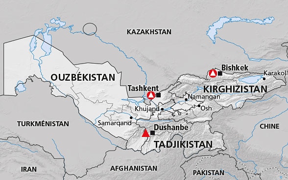 Carte de la région de l'Asie centrale (Kirghizistan, Tadjikistan, Ouzbékistan)