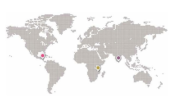 World map with dots indicating the regions where the SDC is active.