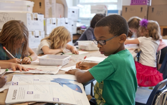 L’immagine mostra un bambino in un’aula che, seduto accanto alle compagne e ai compagni di classe, svolge con concentrazione i suoi compiti.