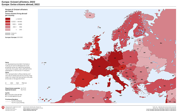 La maggior parte delle Svizzere e degli Svizzeri all’estero in Europa vive in Francia, Germania e Italia (colore rosso).