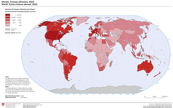 La maggior parte delle Svizzere e degli Svizzeri all’estero vive in Europa (colore rosso) e, a seguire, negli Stati Uniti.