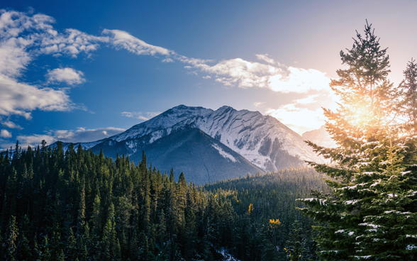 L'immagine mostra la città di Banff in Canada con le montagne e il parco nazionale.