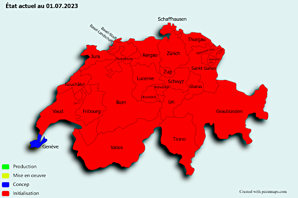 L’image représente l’ensemble des cantons suisses. En rouge apparaissent ceux qui ont déjà adopté l’interface électronique.