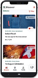 The image shows a smartphone showing the newsfeed of the SwissInTouch app, in which two posts are visible.  