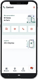 La figura mostra uno smartphone su cui è aperta la pagina «Contatti della rappresentanza» dell’app SwissInTouch.