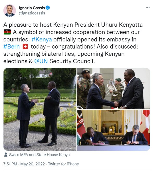 Un tweet du président de la Confédération Cassis à propos de sa rencontre avec le président kenyan Kenyatta. Des images montrent les deux présidents se saluant, s'entretenant dans le jardin du Lohn et signant un protocole d'accord.