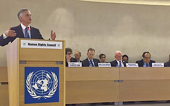 Le conseiller fédéral Didier Burkhalter ouvre la session la 34ème session du Conseil des droits de l’homme, le 27 février 2017, à Genève