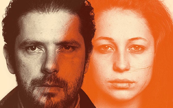 The faces of a man and a woman next to each other.