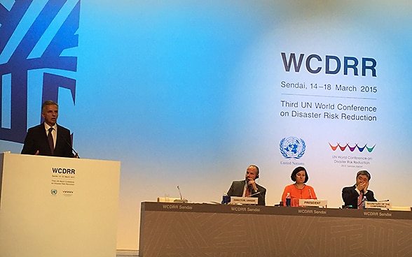 Bundesrat Didier während seiner Rede an der dritten UNO-Weltkonferenz zur Katastrophenvorsorge in Japan.
