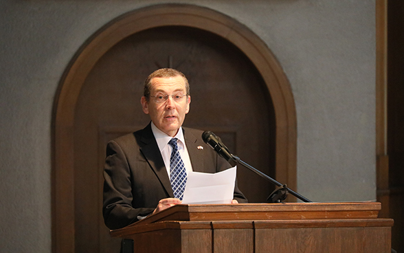 Israel's ambassador to Switzerland, Jacob Keidar, gives a speech on International Holocaust Remembrance Day.