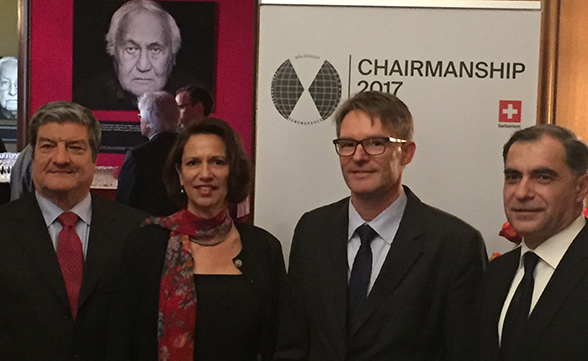 Handover ceremony for the IHRA chairmanship, from left to right: Italian Ambassador Sandro De Bernadin (chairman in 2018), Switzerland’s Ambassador to Germany Christine Schraner Burgener, Benno Bättig (current chairman), and Romanian Ambassador Mihnea Constantinescu (outgoing chairman).