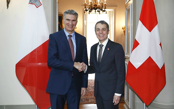 Ignazio Cassis shakes hands with Carmelo Abela. 