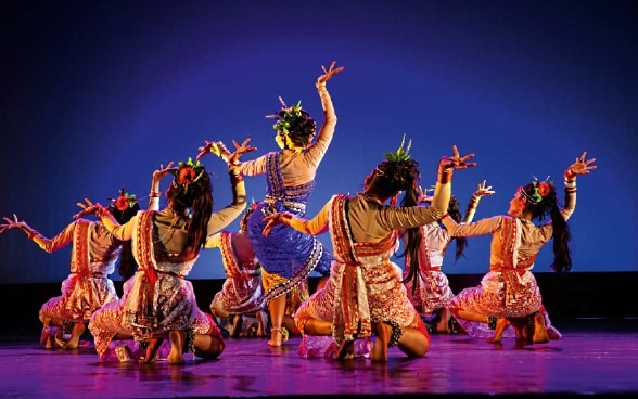 Sieben farbenfrohe Tänzerinnen auf einer Bühne. 