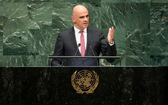 Alain Berset gives his speech at the 73rd United Nations General Assembly in New York.