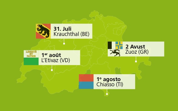 Auf einer Karte der Schweiz sind vier Orte mit dem entsprechenden Kantonswappen markiert. 