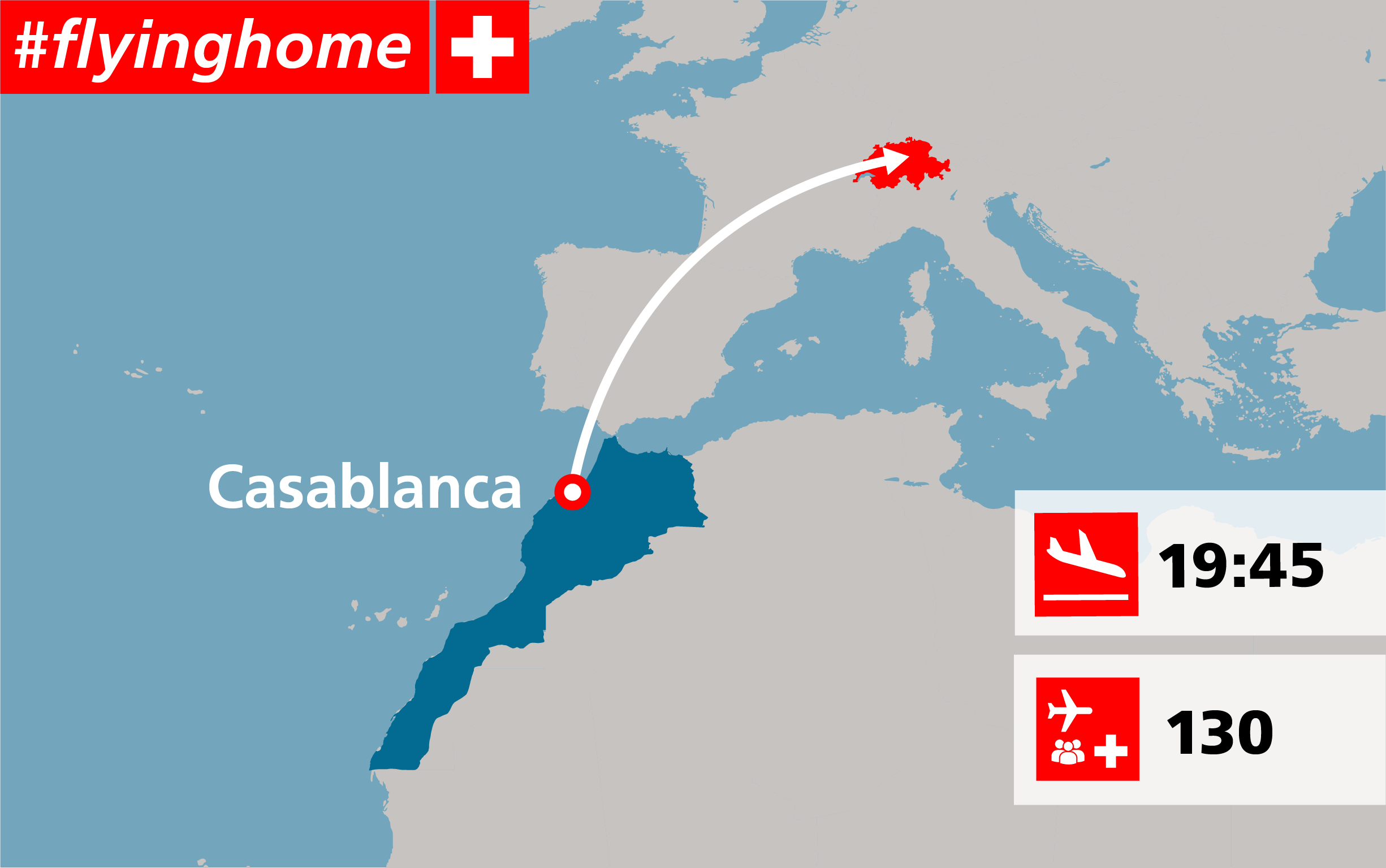 Map showing the route of the flight from Casablanca to Zurich