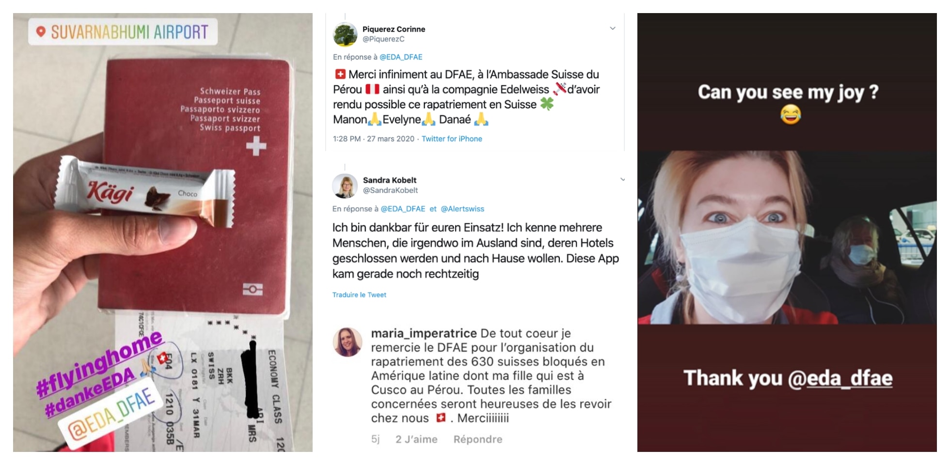 Captures d'écran des messages Twitter et Instagram dans lesquels les voyageurs suisses remercient le DFAE pour l'action de rappel.