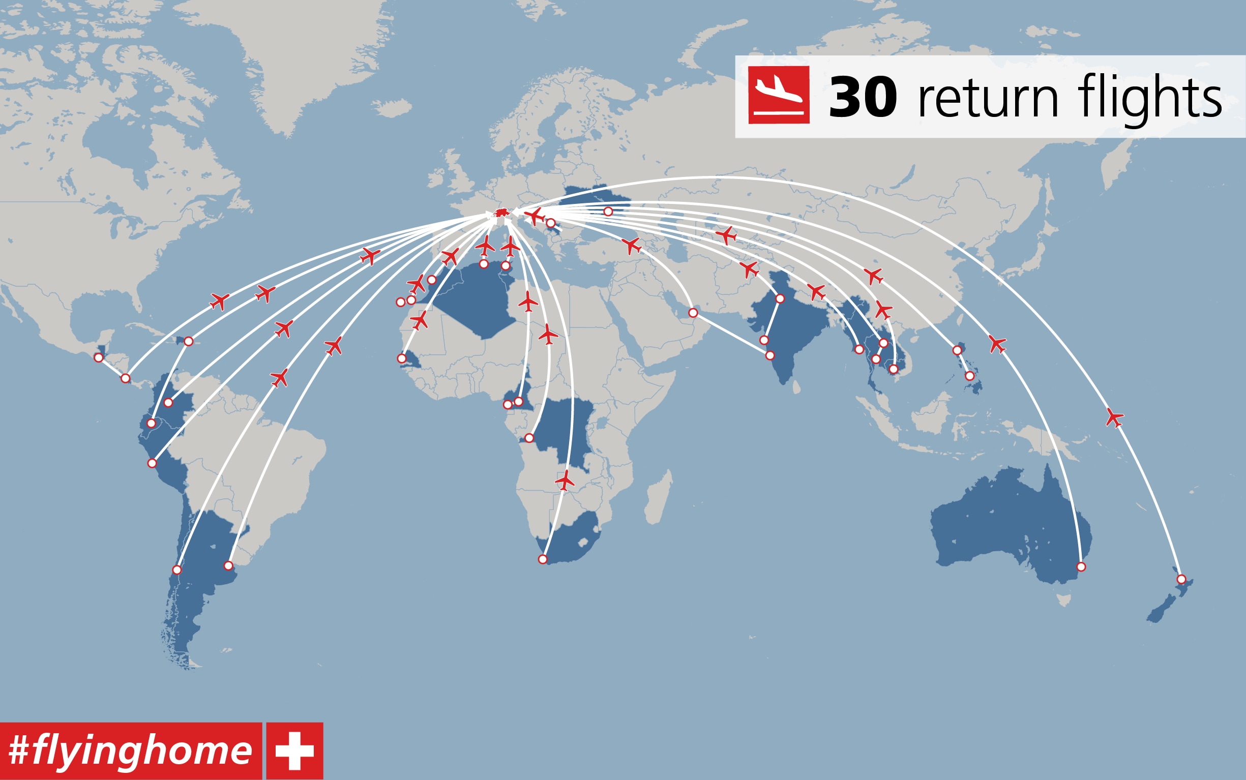 World map with the 30 flights marked in