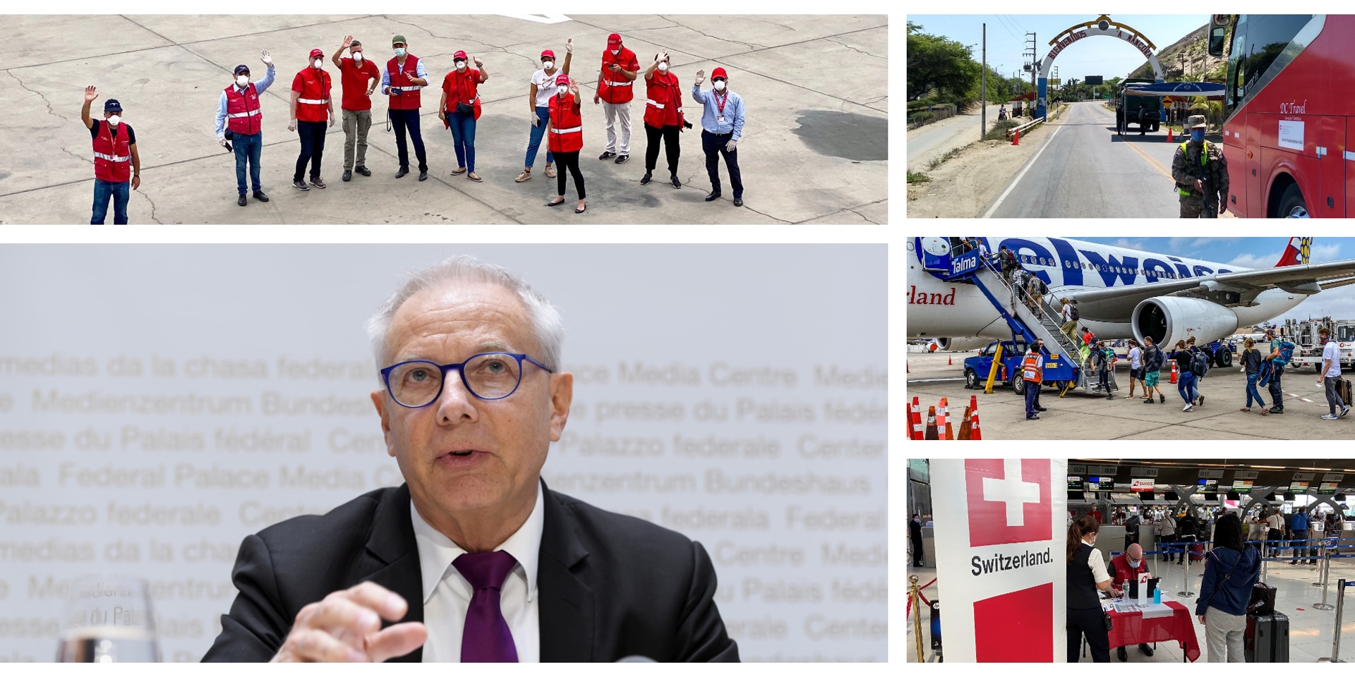 Collage: Johannes Matyassy parla a una conferenza stampa; il personale dell'ambasciata saluta sulla pista di un aeroporto; un autobus organizzato dalla Svizzera viene controllato in Perù; i viaggiatori svizzeri bloccati salgono su un aereo Edelweiss; un membro del personale della rappresentanza svizzera in Svizzera si occupa di un viaggiatore al banco del check-in. 