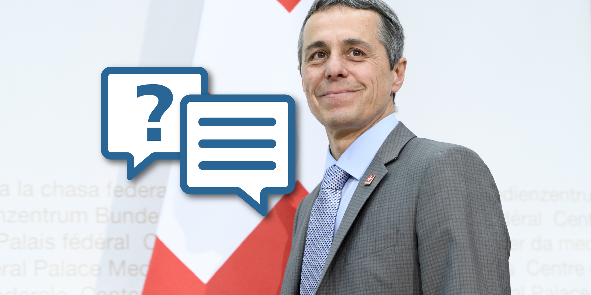 A portrait picture of Federal Councillor Cassis with a graphic motif referring to an interview.